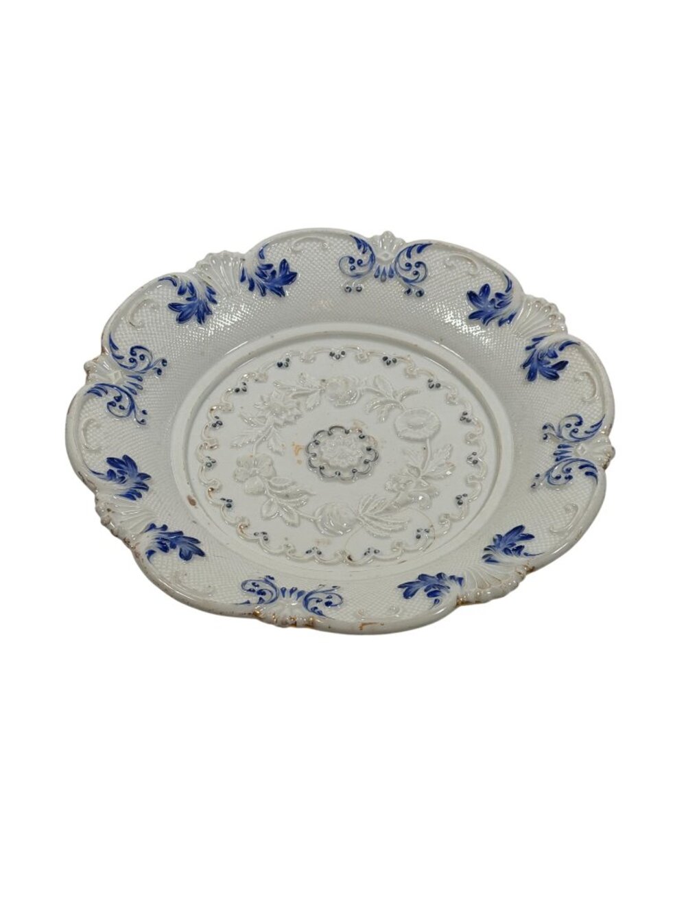 Antique German White Blue on White Relief Floral Bowl Embossed Scalloped Edges